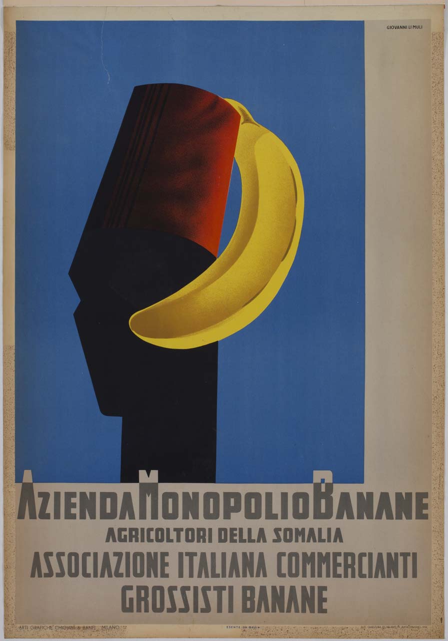 testa di uomo stilizzata con fez rosso adornato da una banana (manifesto) di Li Muli Giovanni detto Gianni (sec. XX)