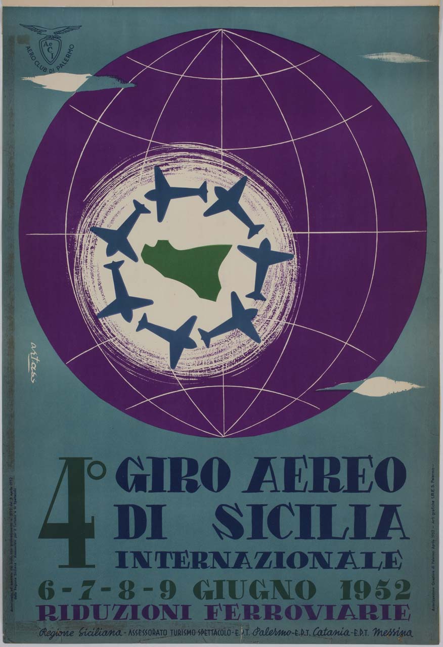 globo con aerei che girano intorno alla Sicilia (manifesto) di Studio Artass Croce (sec. XX)