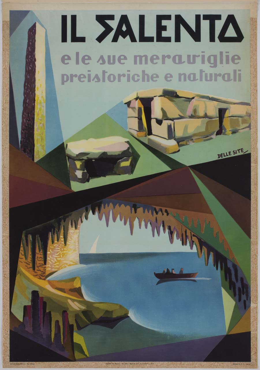 menhir, dolmen e grotta marina (manifesto) di Delle Site Mino (sec. XX)