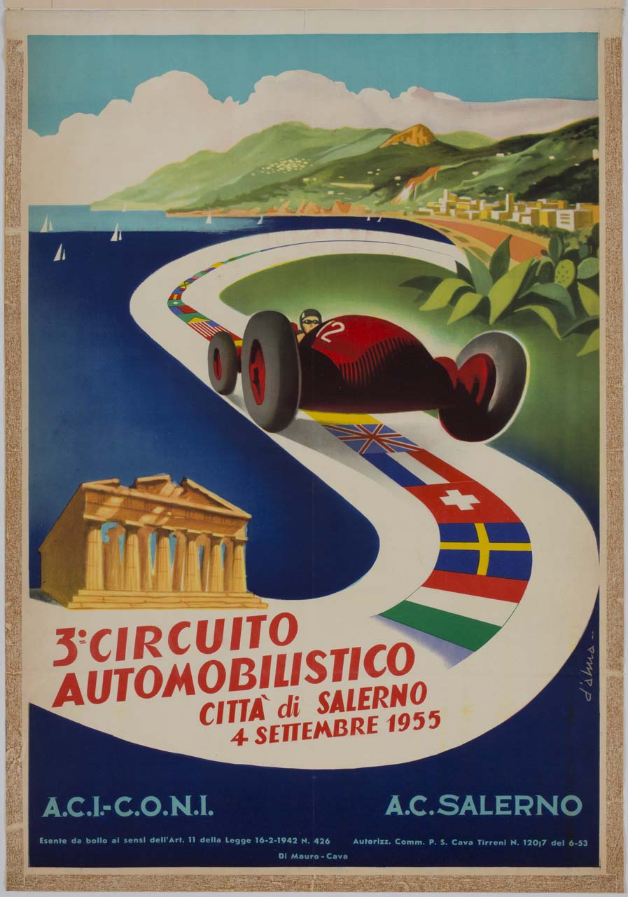 automobile da corsa si muove su una pista di bandiere tra il Golfo di Salerno e il Tempio di Nettuno di Paestum (manifesto) di D'Alma - ambito italiano (sec. XX)