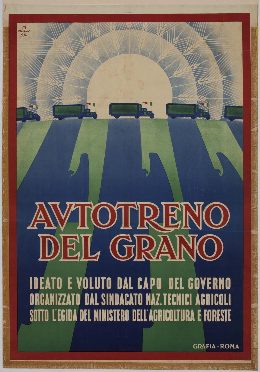 convoglio di autocarri passa davanti a un sole con spighe come raggi e getta ombre a forma di fascio littorio (manifesto) di Melis Melkiorre (sec. XX)