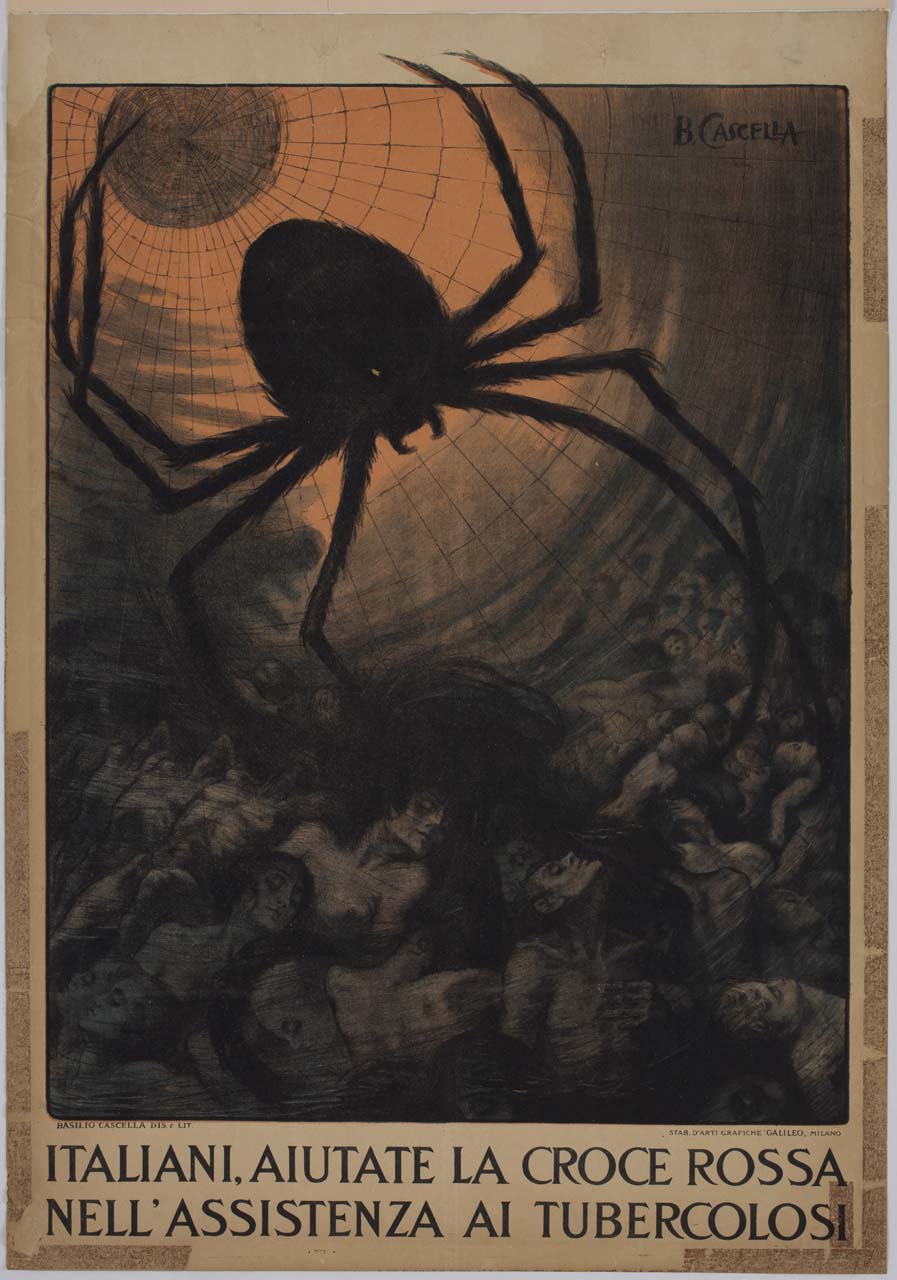 ragno si muove sulla tela verso corpi umani ammassati (manifesto) di Cascella Basilio (sec. XX)