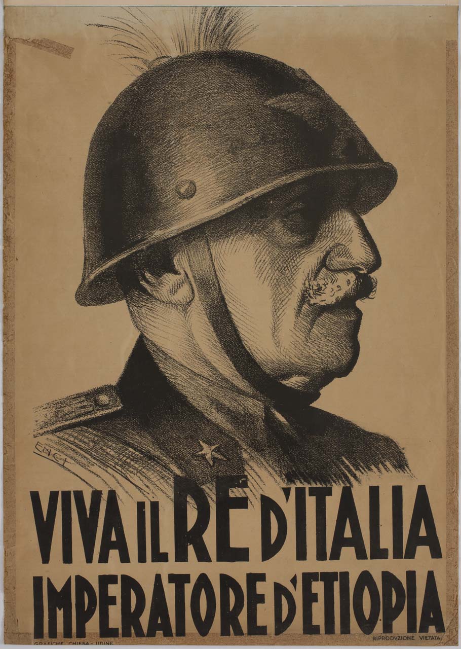 ritratto a mezzo busto di Vittorio Emanuele III con elmetto in testa (manifesto) di Sencig Pietro Antonio (sec. XX)