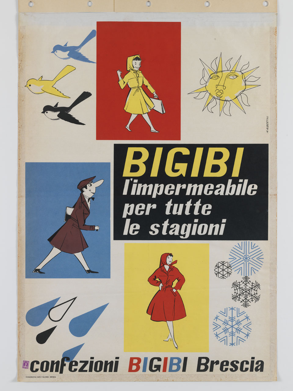 bambina, uomo e donna in impermeabile e uccelli, sole, pioggia e neve (manifesto) di M. Albertini - ambito italiano (sec. XX)