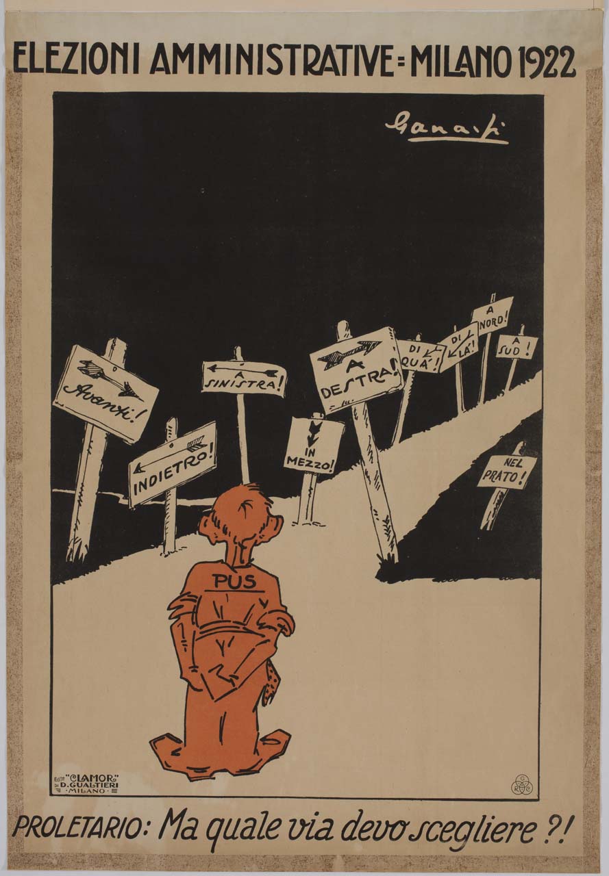 figura maschile di spalle davanti a una strada con cartelli che indicano direzioni diverse (manifesto) di Ganassi Ferruccio (sec. XX)