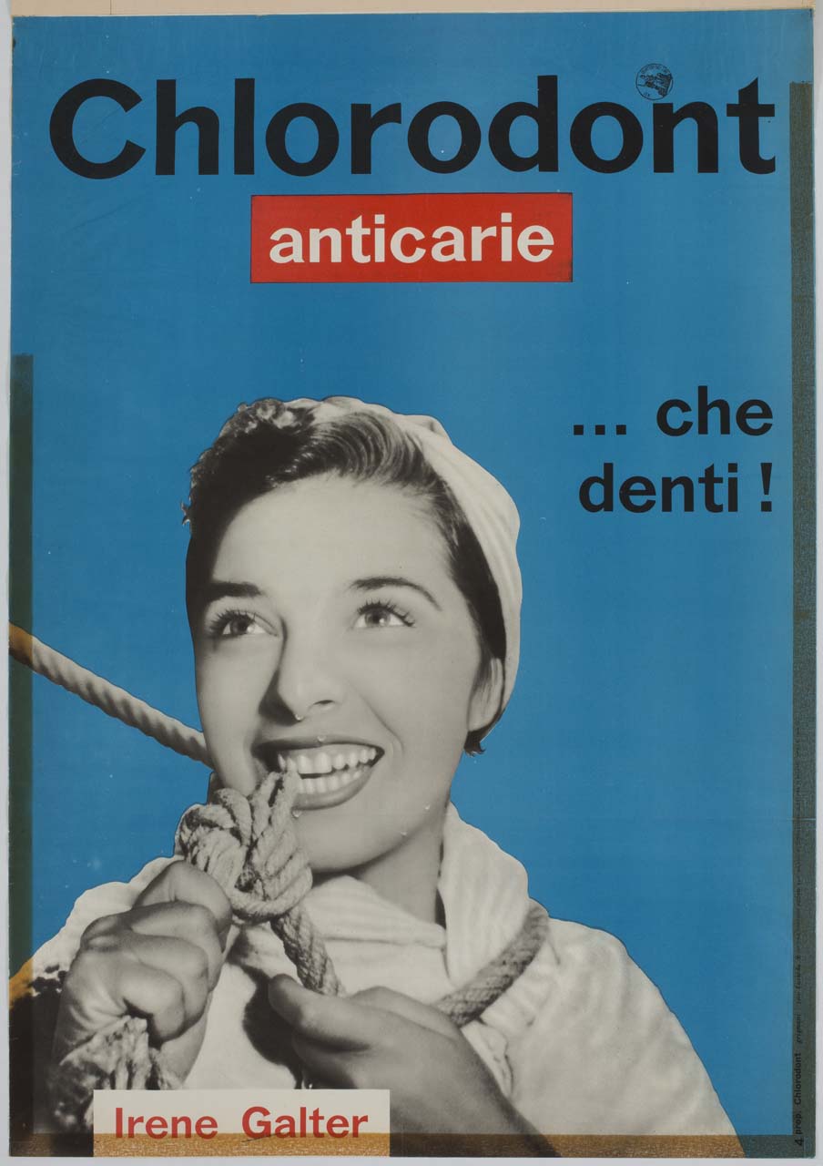 ritratto di Irene Galter che stringe una corda tra i denti (manifesto) di Grignani Franco (sec. XX)