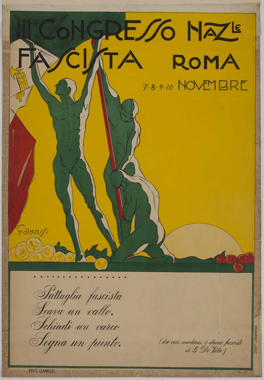 tre uomini nudi piantano una bandiera tricolore con il fascio littorio al sorgere del sole (manifesto) di Ganassi Ferruccio (sec. XX)