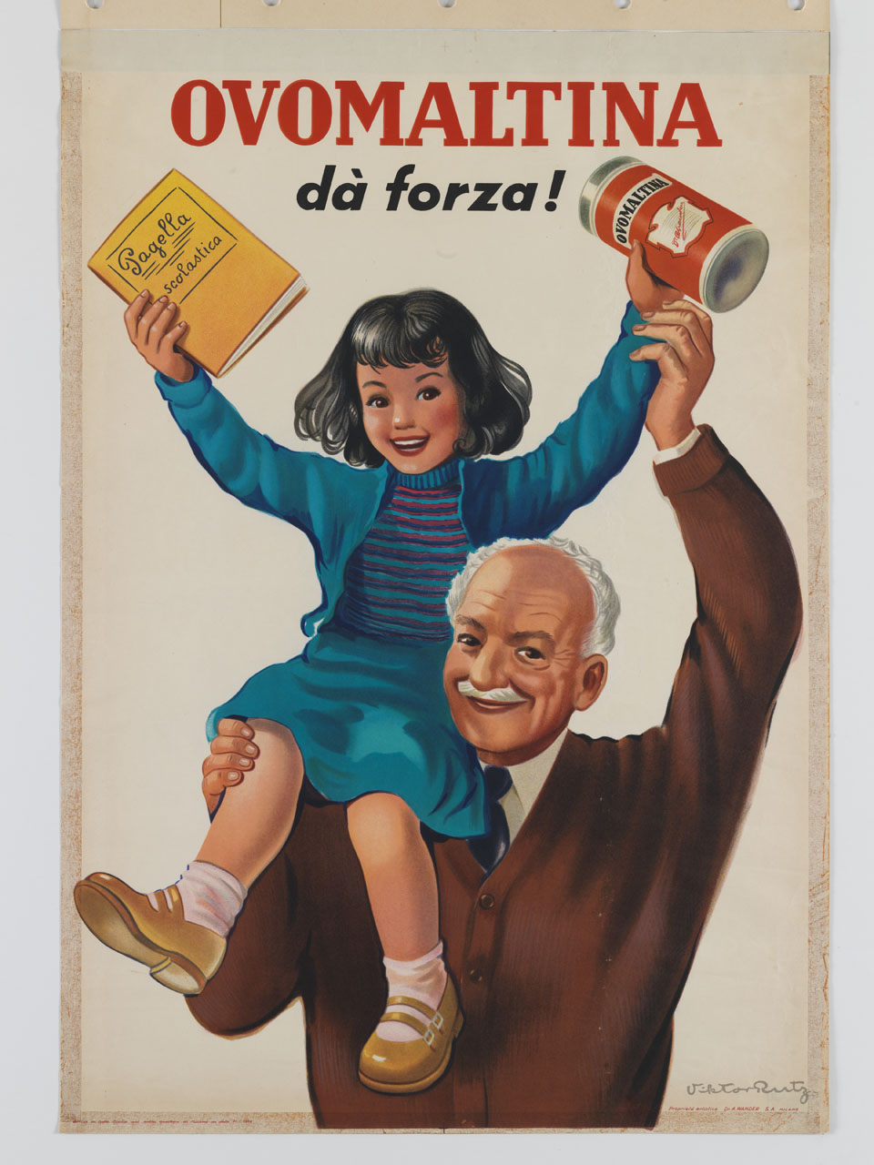 bimba sorridente seduta sulla spalla del nonno (manifesto) di Rutz Victor (sec. XX)