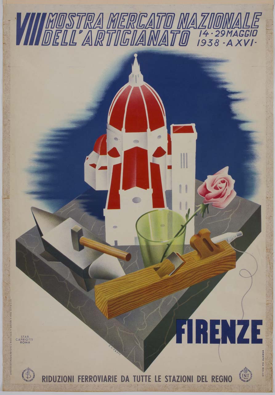 lastra di marmo su cui poggiano il Duomo di Firenze, incudine e martello, una rosa in un bicchiere, una pialla e una spoletta di filo (manifesto) di Testi Carlo Vittorio (sec. XX)