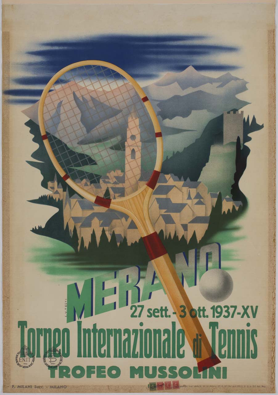 racchetta e palla da tennis davanti alla veduta di Merano (manifesto) di Testi Carlo Vittorio (sec. XX)