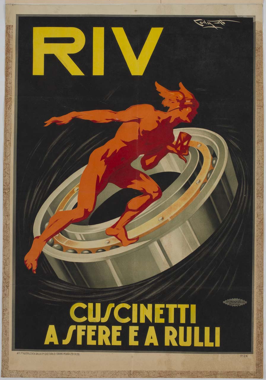 Mercurio con clessidra in una mano corre su un cuscinetto a sfera (manifesto) di Codognato Plinio (sec. XX)