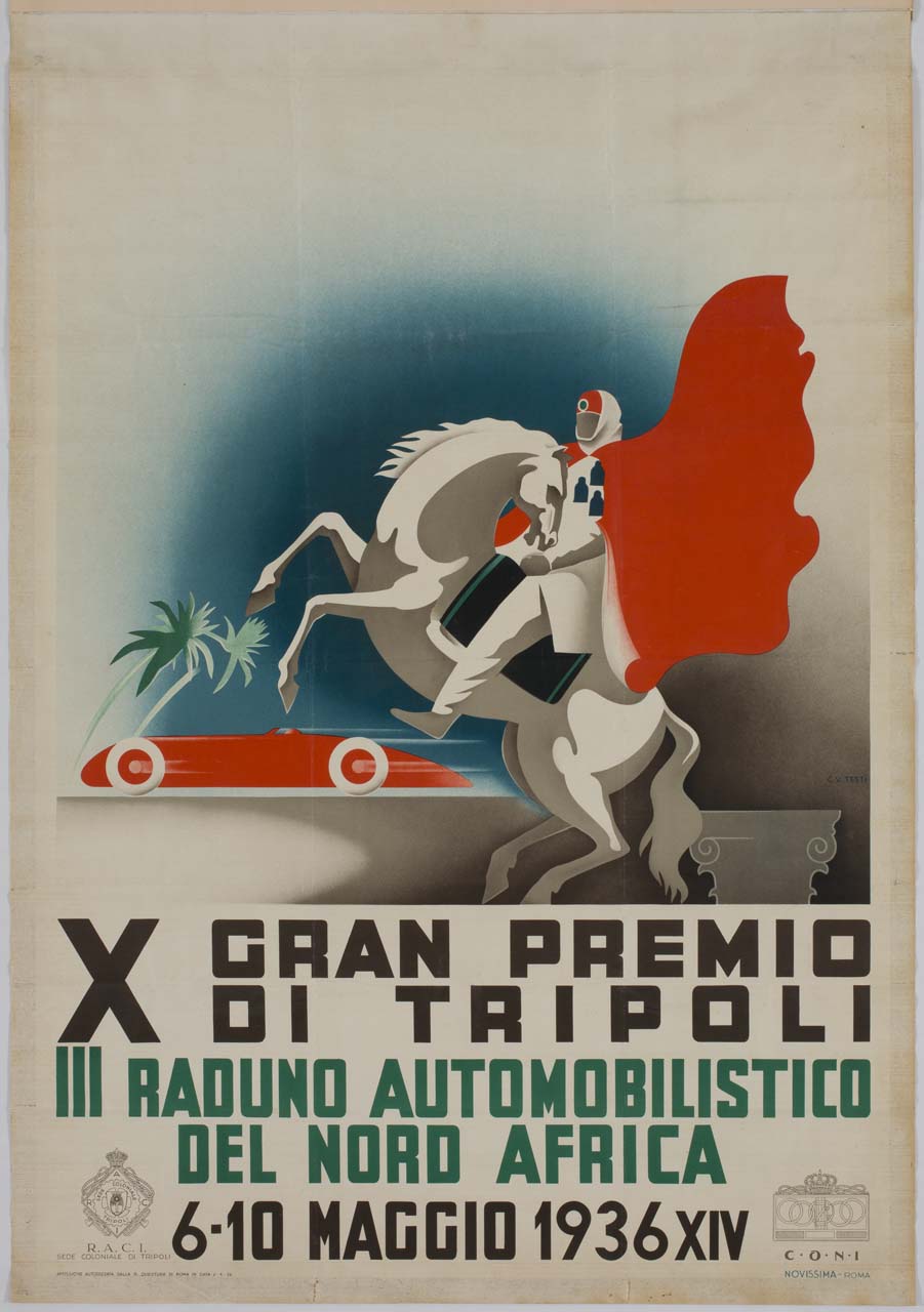 cavallo montato da un beduino si imbizzarrisce al passaggio di un'automobile da corsa (manifesto) di Testi Carlo Vittorio (sec. XX)