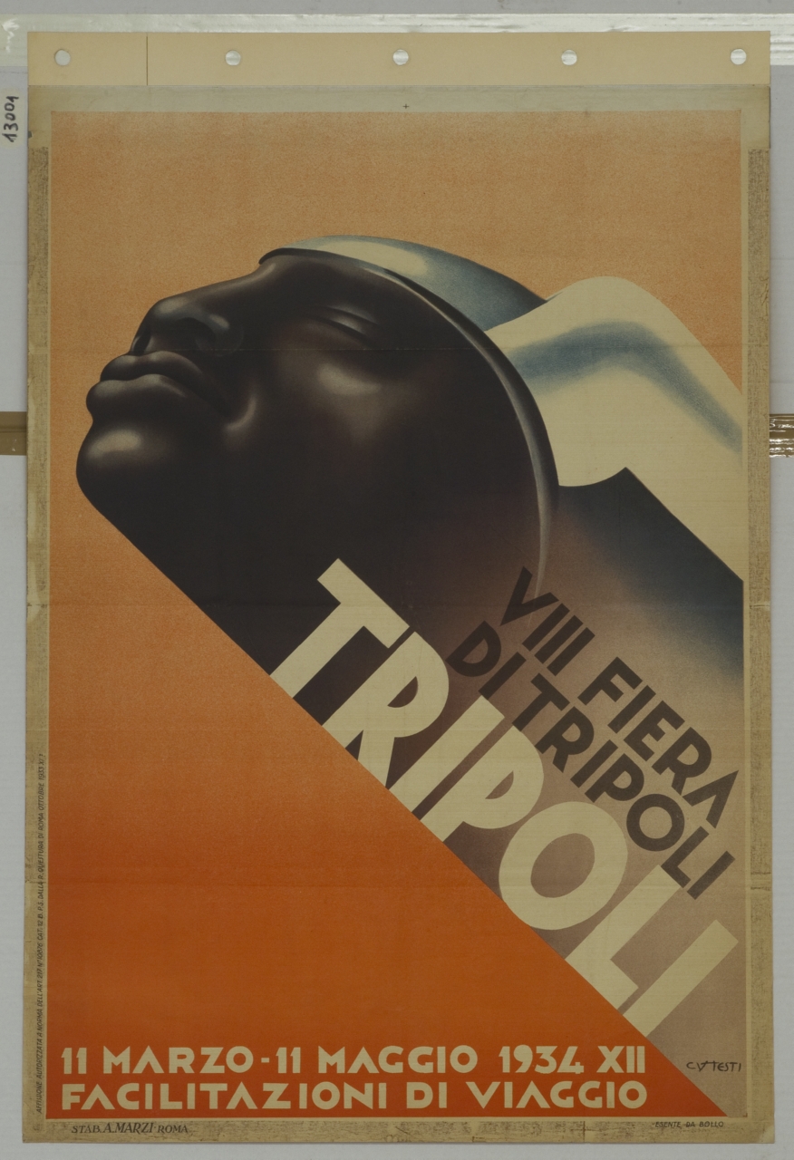 testa di africano con copricapo alato (manifesto) di Testi Carlo Vittorio (sec. XX)