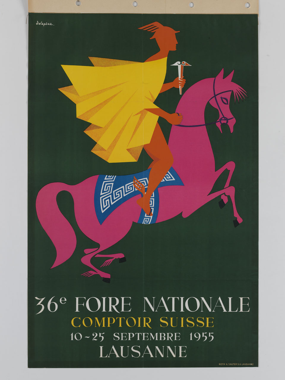 Mercurio in sella a un cavallo rosa (manifesto) di Delapraz Roger (sec. XX)