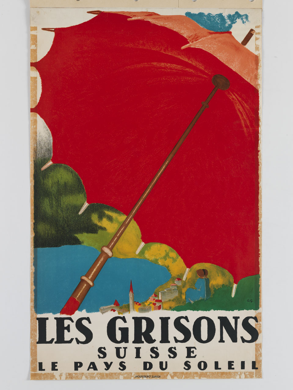 villaggio in riva al lago protetto da un grande ombrello rosso aperto (manifesto) di Giacometti Augusto (sec. XX)