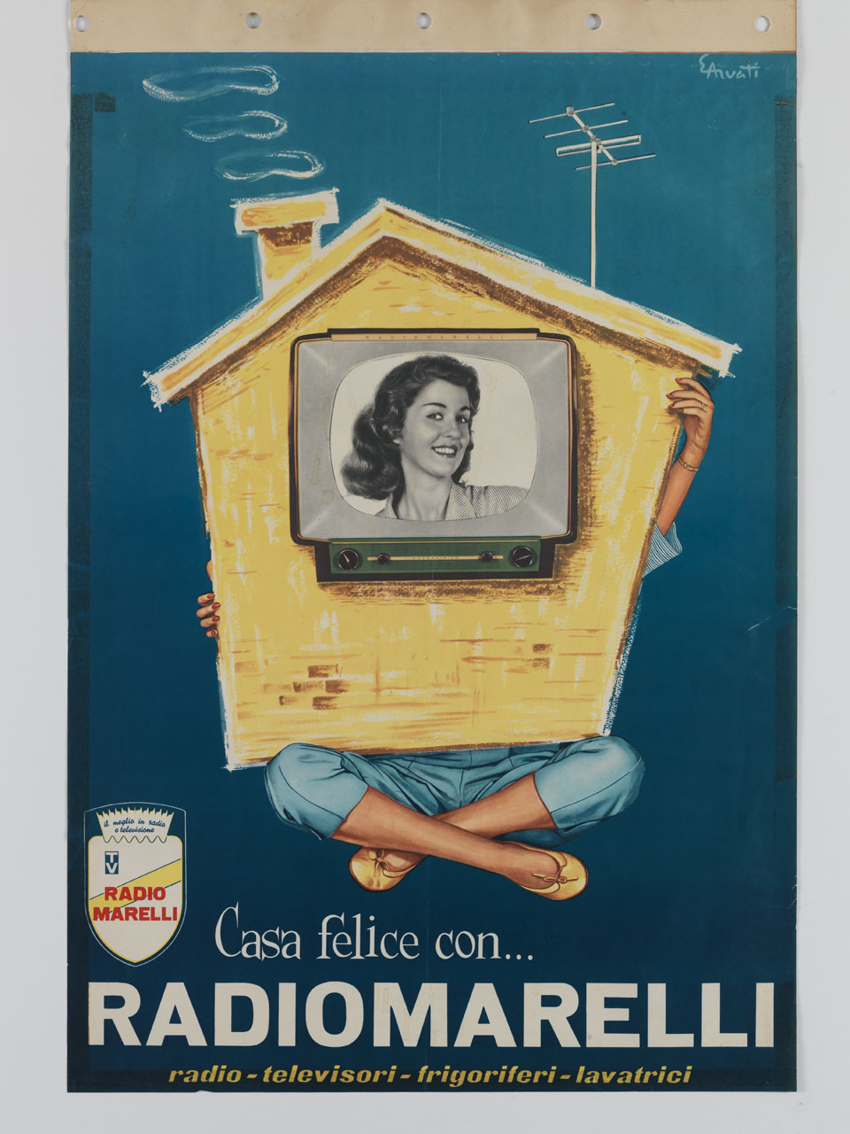 donna sostiene il modellino di una casa e compare su uno schermo televisivo (manifesto) di Arvati Enrico (sec. XX)