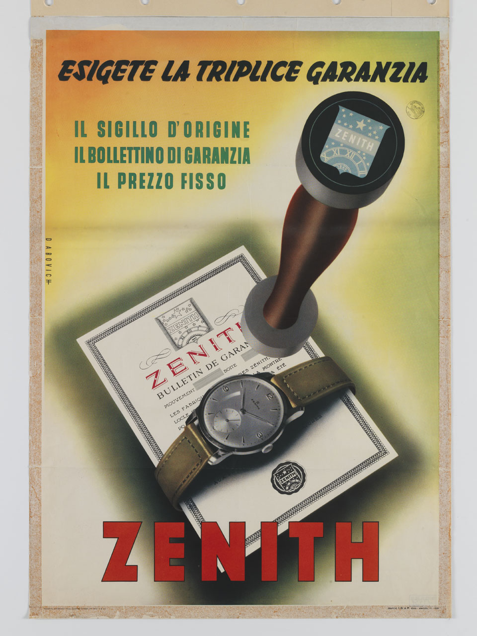 orologio stretto intorno a un biglietto e sigillo (manifesto) di Dabovich Giorgio (sec. XX)