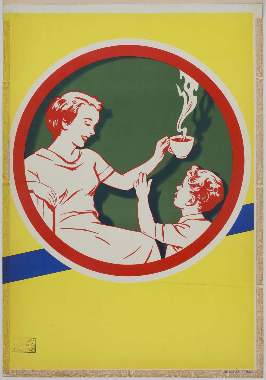 bambino cerca di prendere una tazza di caffè fumante dalla mano della madre (manifesto) - ambito italiano (sec. XX)