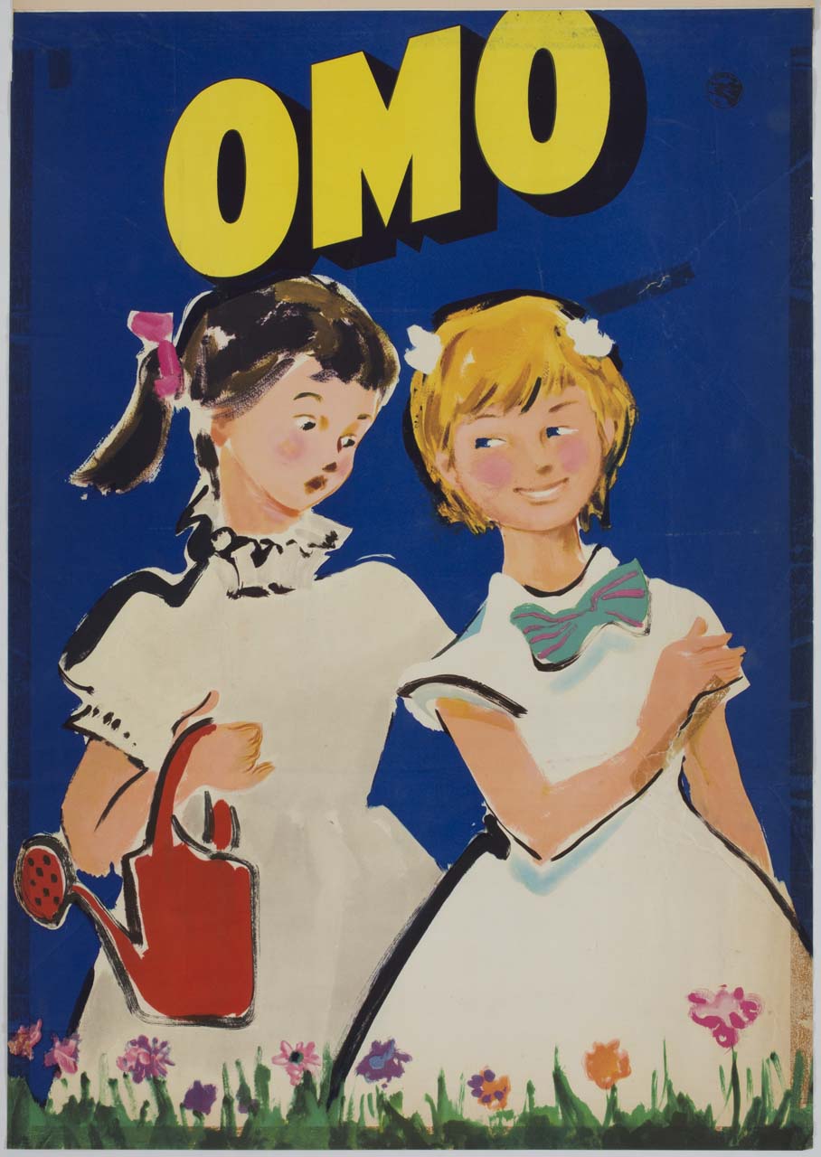 due bambine con annaffiatoio davanti a fiori (manifesto) - ambito italiano (sec. XX)