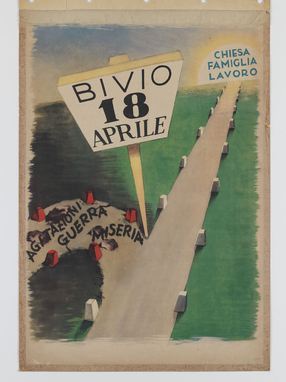 bivio stradale con cartello segnaletico (manifesto) - ambito italiano (sec. XX)