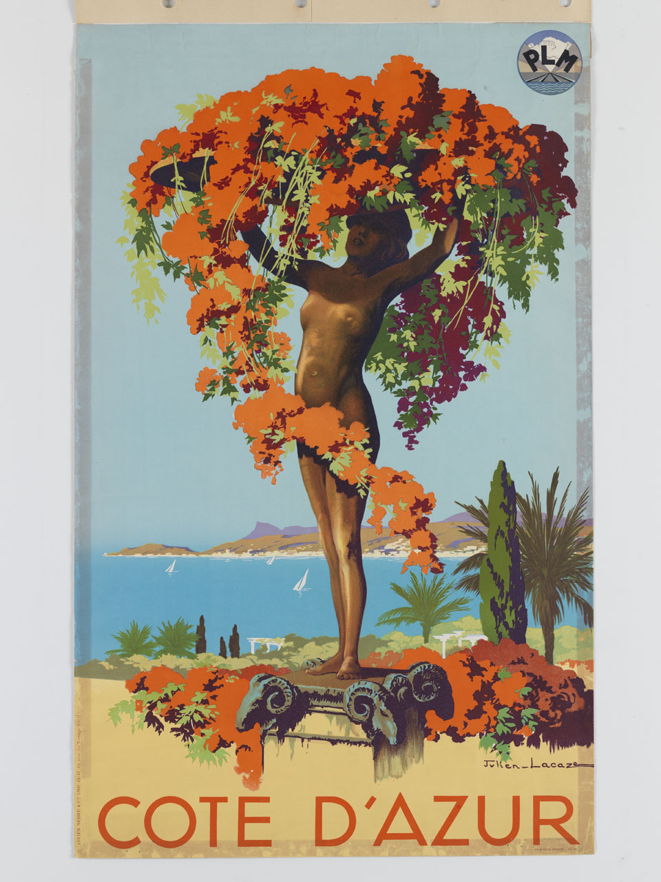 cariatide sostiene un tralcio floreale sullo sfondo di un golfo (manifesto) di Julien Lacaze - ambito francese (sec. XX)