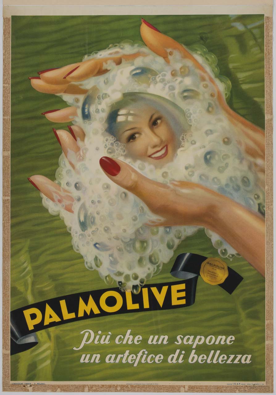 mani femminili con schiuma e bolla di sapone con ritratto di donna all'interno (manifesto) di Omnia Pubblicità (sec. XX)