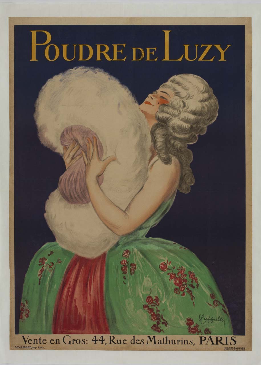 donna in abiti del Settecento con grosso piumino tra le braccia (manifesto) di Cappiello Leonetto (sec. XX)