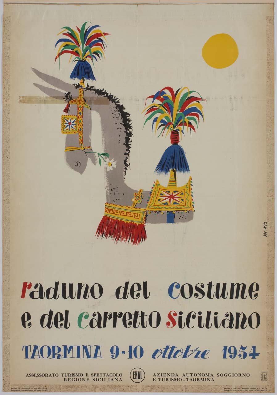 asino bardato con finimenti decorati e pennacchi (manifesto) di Studio Artass Croce (sec. XX)