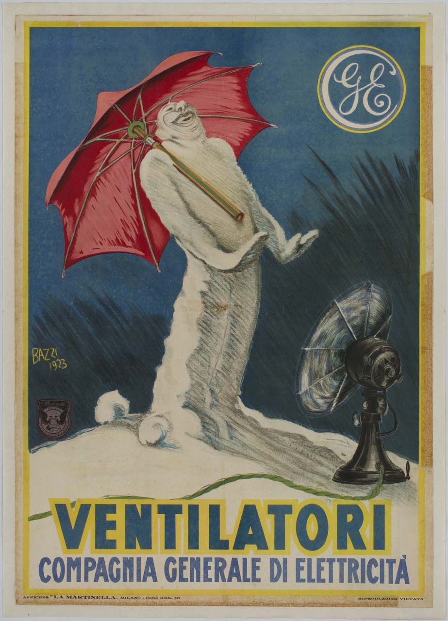 uomo di neve con ombrello si rinfresca davanti ad un ventilatore (manifesto) di Bazzi Mario (sec. XX)