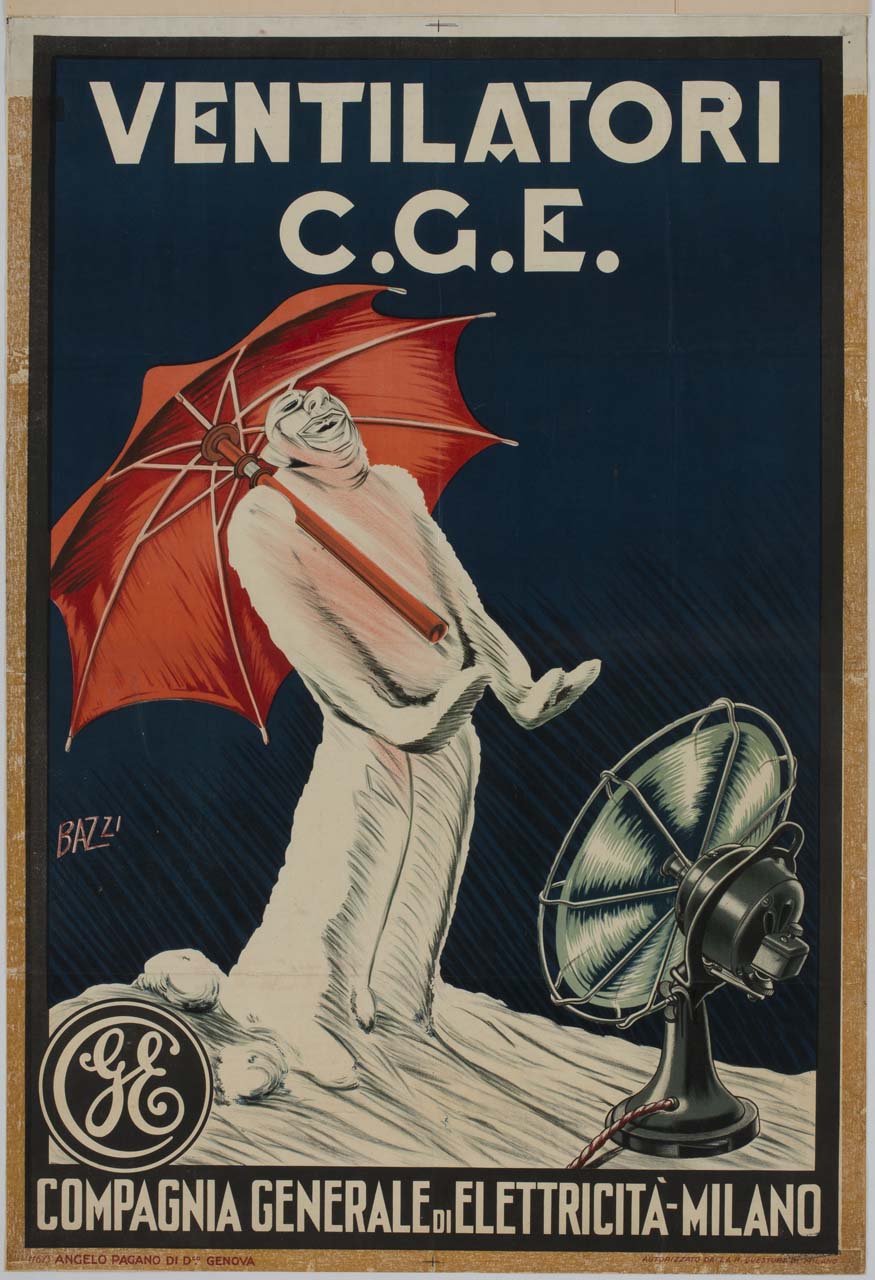 uomo di neve con ombrello si rinfresca davanti ad un ventilatore (manifesto) di Bazzi Mario (sec. XX)