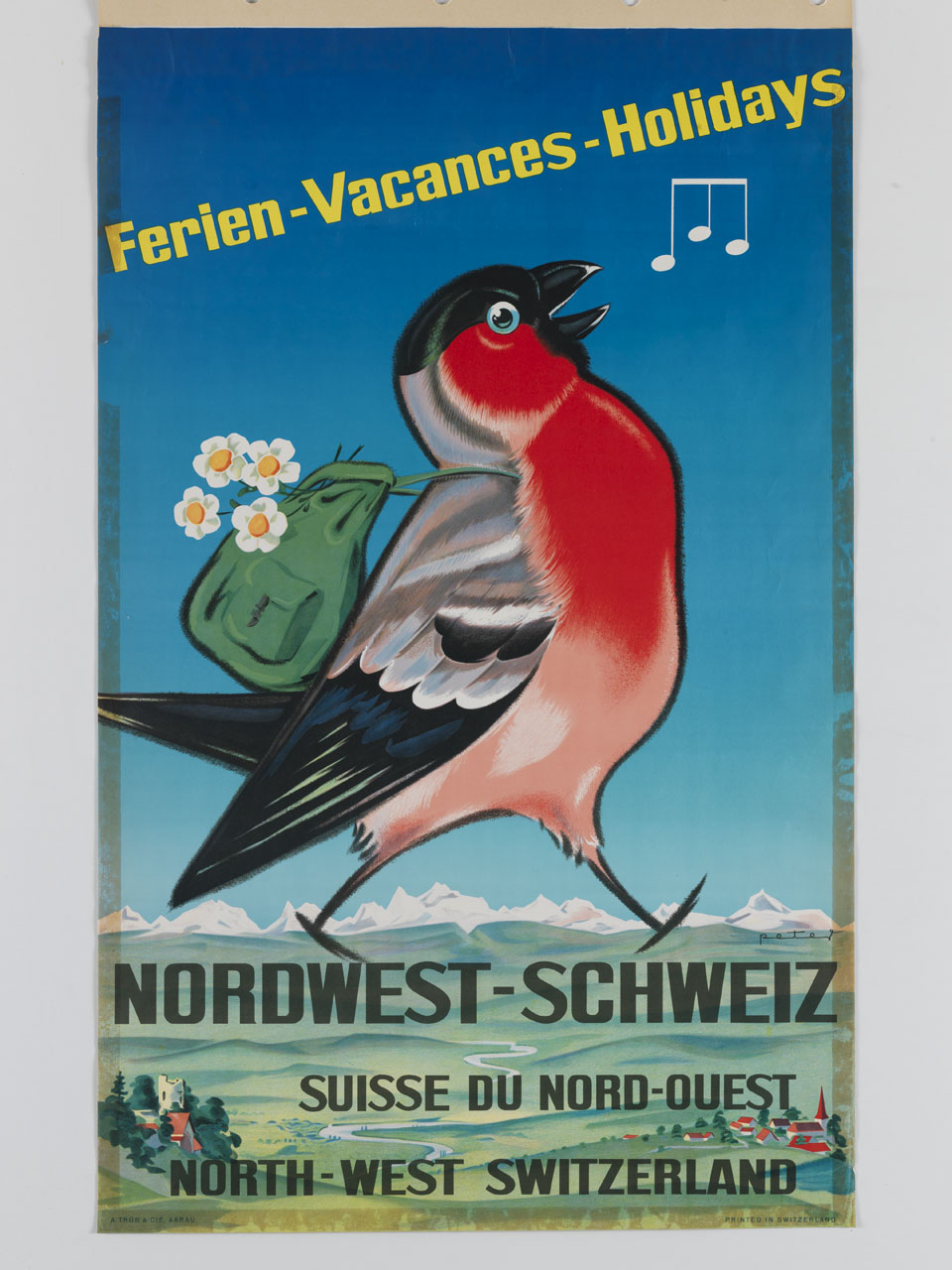 usignolo canterino a passeggio con zaino in spalla (manifesto) - ambito svizzero (sec. XX)