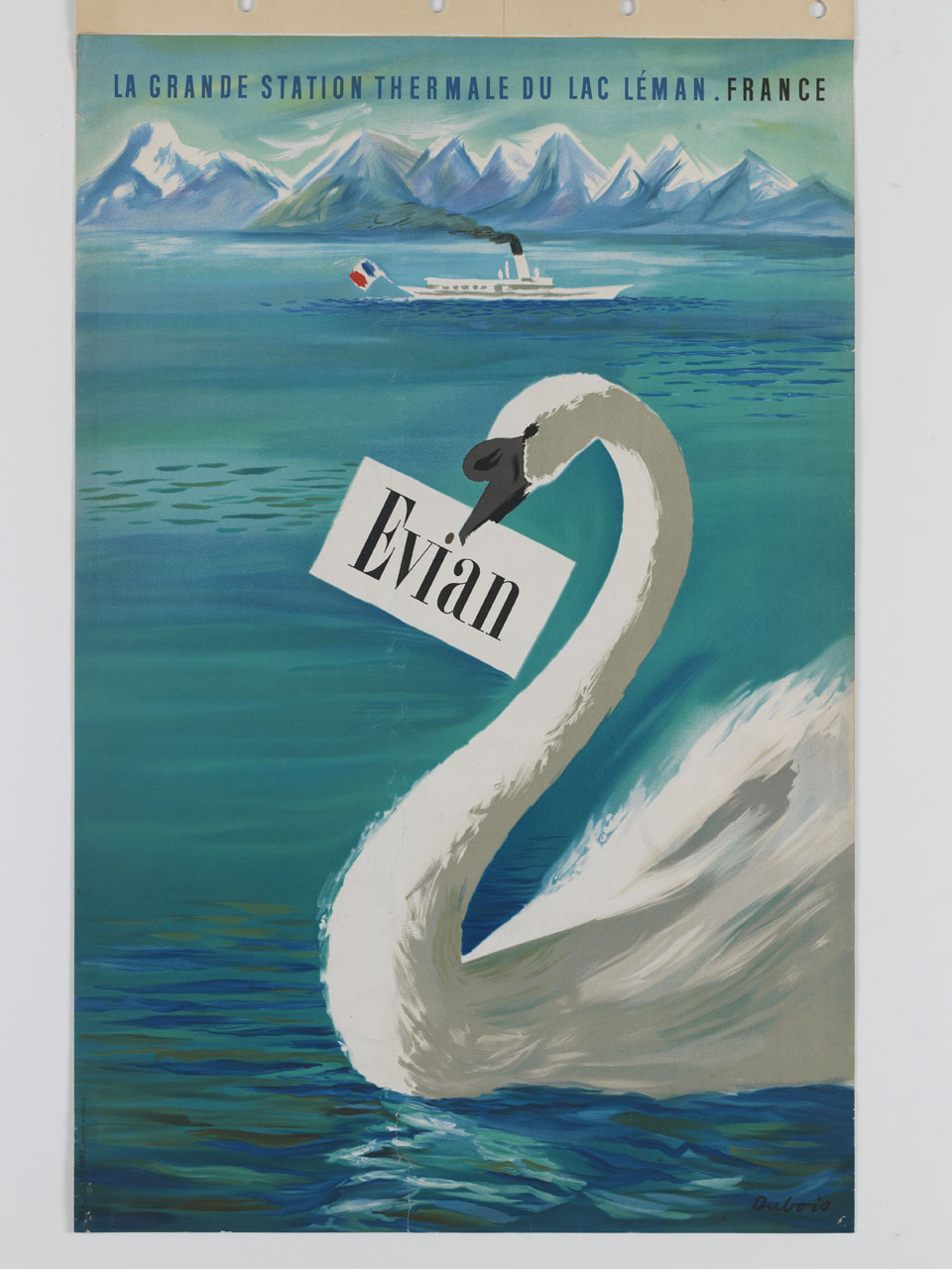 cigno in uno specchio d'acqua con traghetto a vapore e montagne sullo sfondo (manifesto) di Dubois Jacques (sec. XX)