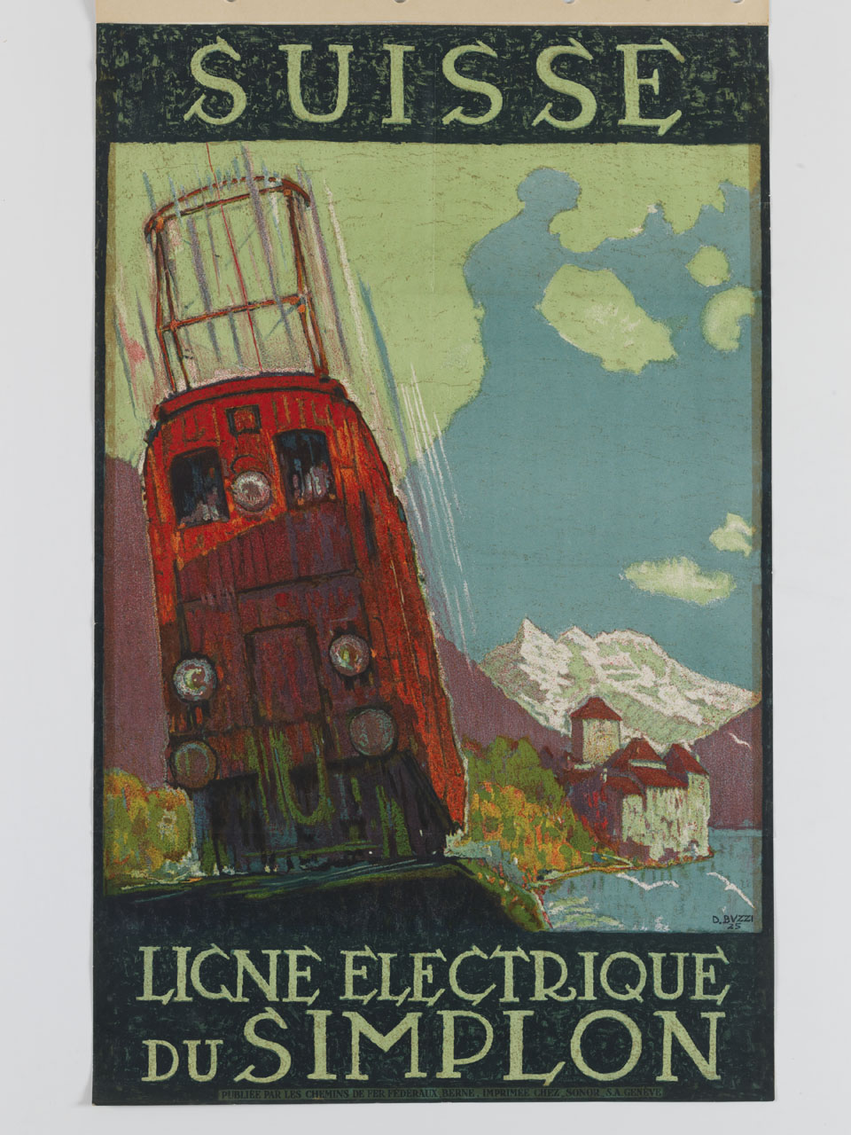 treno in corsa lungo le rive del lago (manifesto) di Buzzi Daniele (sec. XX)