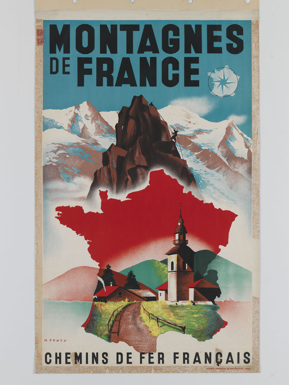 vette alpine, sagoma della Francia e sentiero di montagna con campanile (manifesto) di Ponty Max (sec. XX)