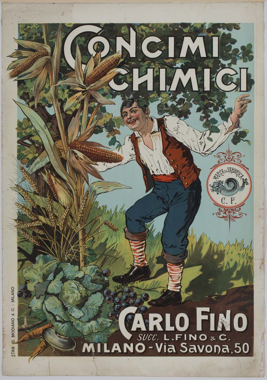 contadino sotto un albero con verdura e frutta in primo piano (manifesto) - ambito italiano (sec. XX)