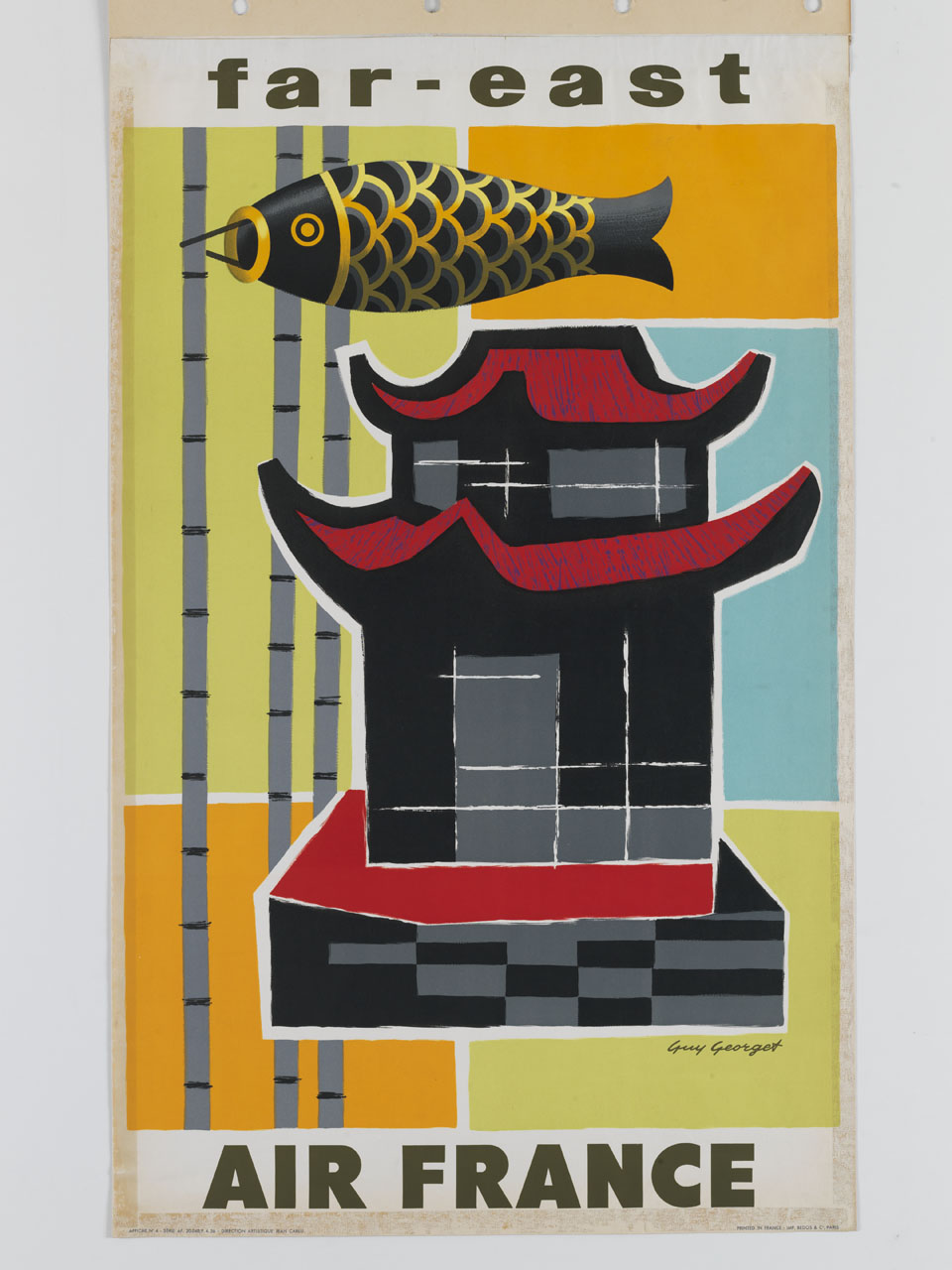 pagoda, pesce e canne di bambù (manifesto) di Georget Guy (sec. XX)
