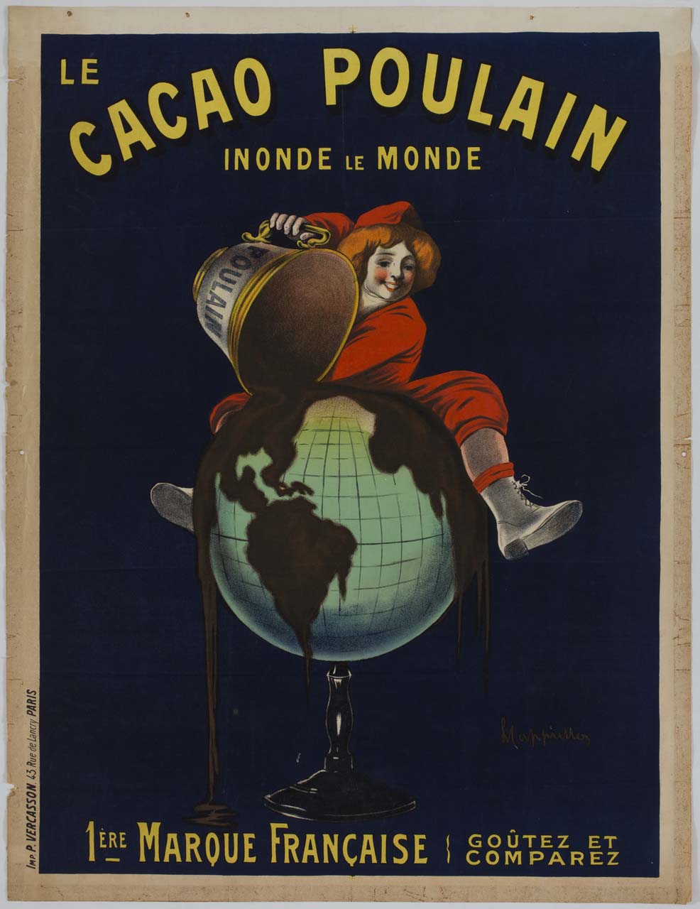 ragazzo a cavallo di un mappamondo versa una tazza di cioccolato sul globo (manifesto) di Cappiello Leonetto (sec. XX)