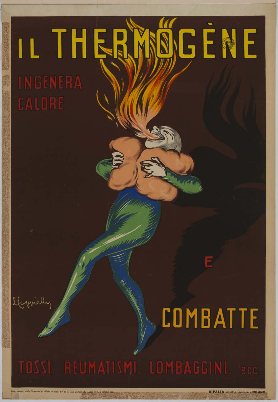 figura maschile con ovatta tra le braccia e lingua di fuoco che esce dalla bocca (manifesto) di Cappiello Leonetto (sec. XX)