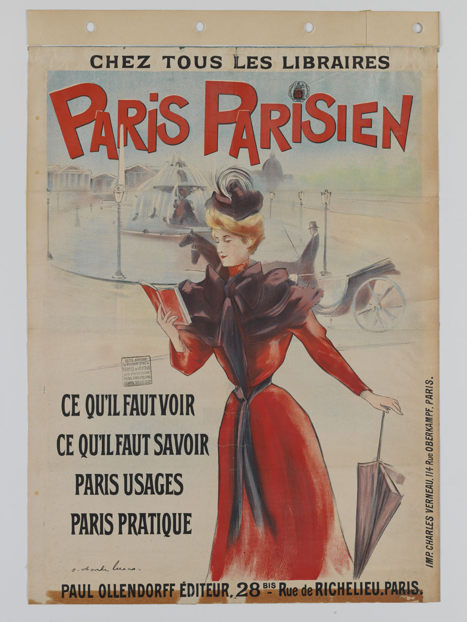 dama con ombrellino e libro aperto sullo sfondo di una fontana (manifesto) - ambito francese (secc. XIX-XX)