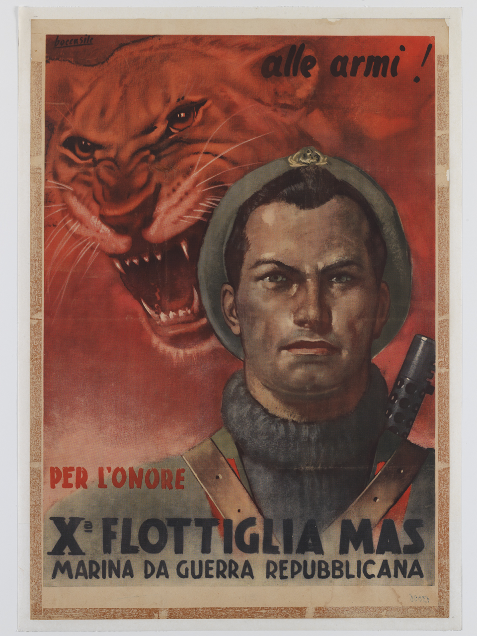 ritratto a mezzo busto di marinaio armato davanti a una leonessa che ruggisce (manifesto) di Boccasile Gino (sec. XX)