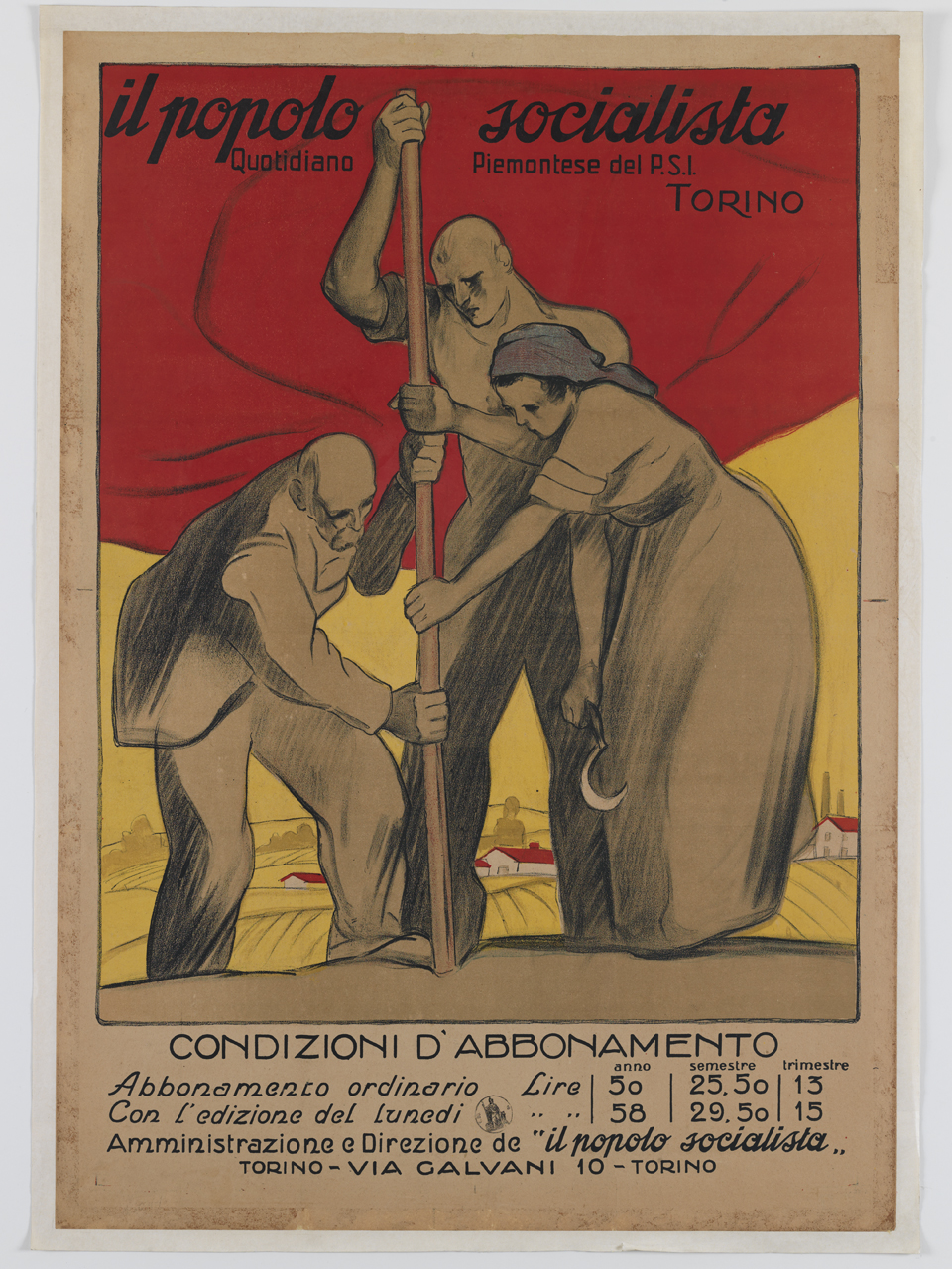 tre contadini piantano una bandiera rossa in un campo (manifesto) - ambito italiano (sec. XX)