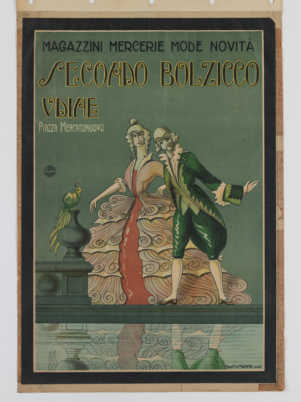 uomo e donna in maschera settecentesca si specchiano in un bacino d'acqua (manifesto) - ambito italiano (secc. XIX/ XX)