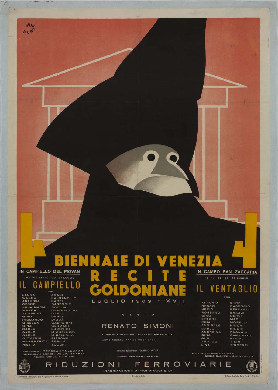 personaggio in battuta veneziana a mezzo busto sullo sfondo di un tempio stilizzato (manifesto) di Mondaini Giacinto (sec. XX)