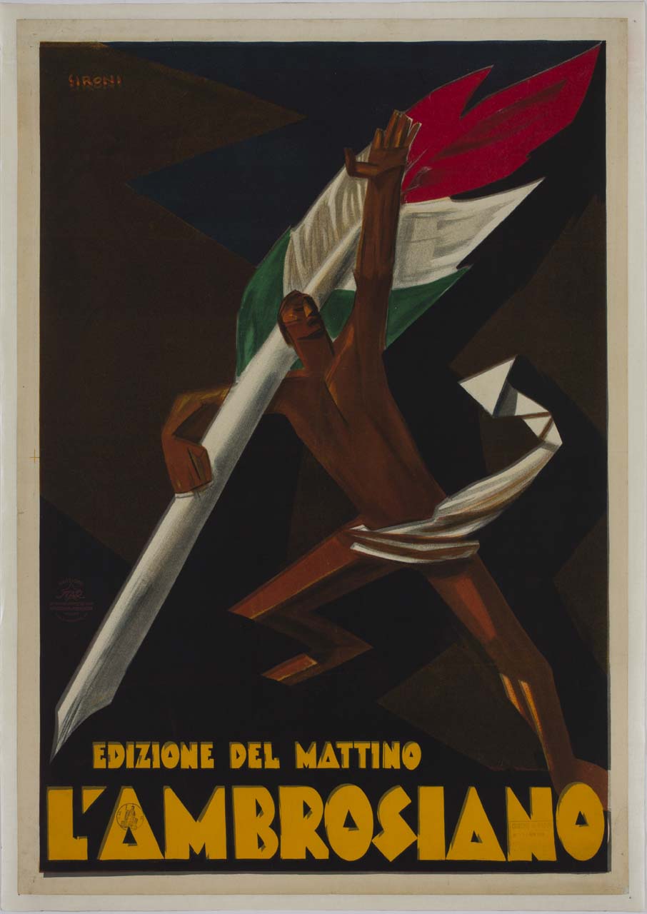 uomo appoggiato ad una grossa penna d'oca tricolore con braccio sinistro sollevato (manifesto) di Sironi, Mario (sec. XX)