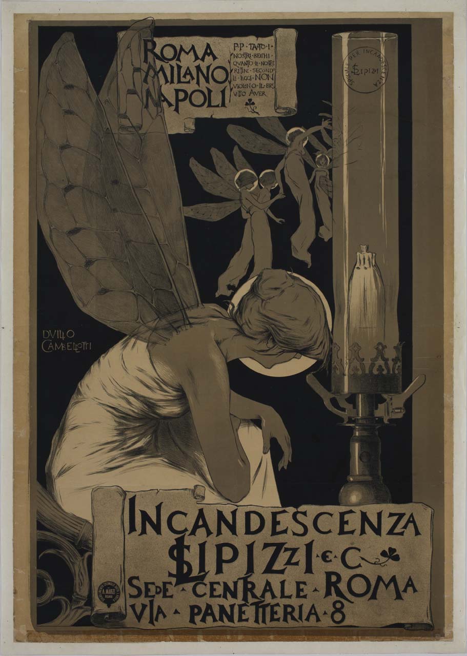 personoficazioni femminili di lucciole accanto ad una lampada (manifesto) di Cambellotti Duilio (sec. XIX)