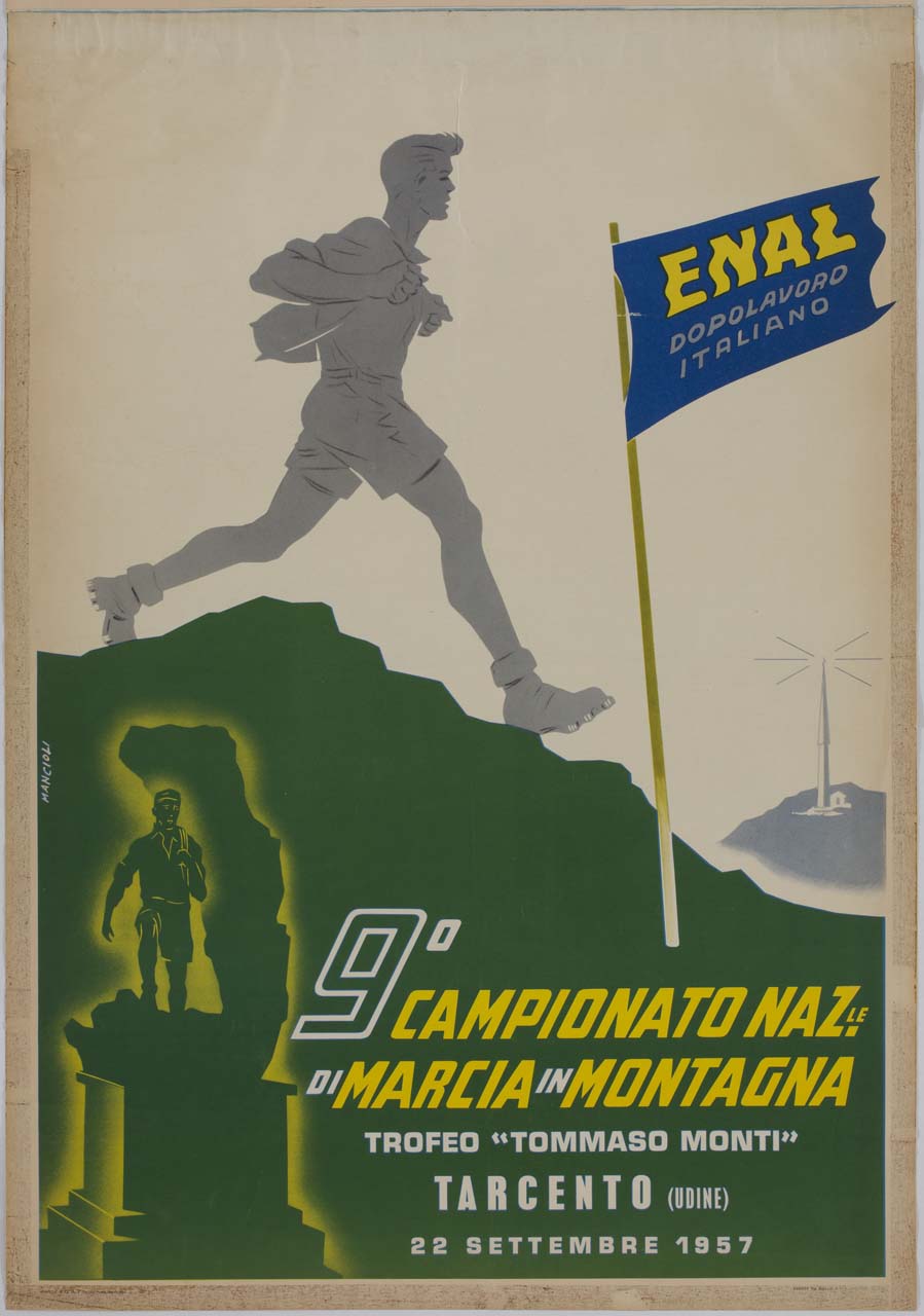 uomo cammina sulla cima di una montagna (manifesto) di Mancioli Corrado (sec. XX)
