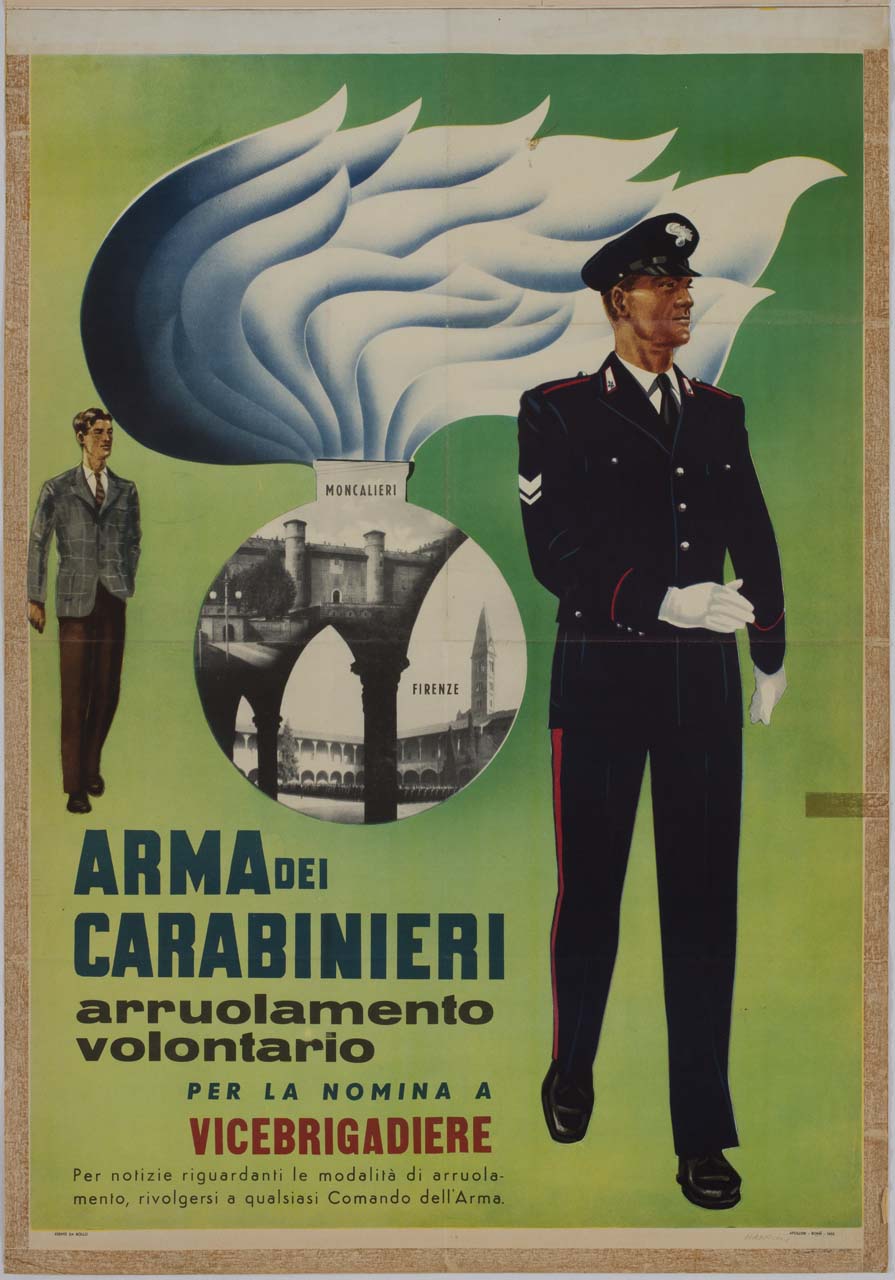 carabiniere e vedute di Firenze e Moncalieri dentro il fregio distintivo dei Carabinieri (manifesto) di Mancioli Corrado (sec. XX)
