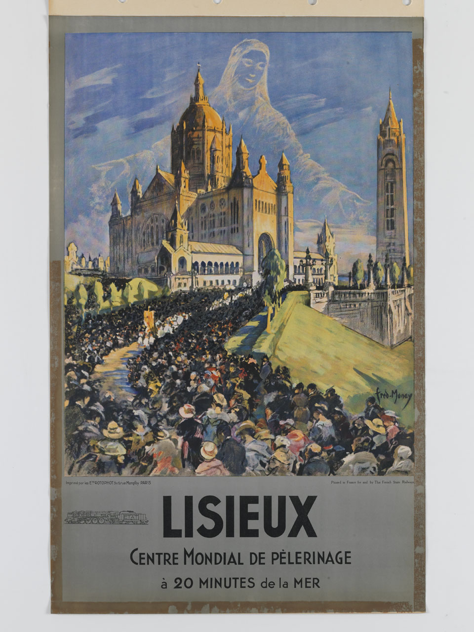 folla di persone cammina verso il santuario di Santa Teresa di Lisieux (manifesto) di François-Raoul Billon, detto Fred Money - ambito francese (sec. XX)