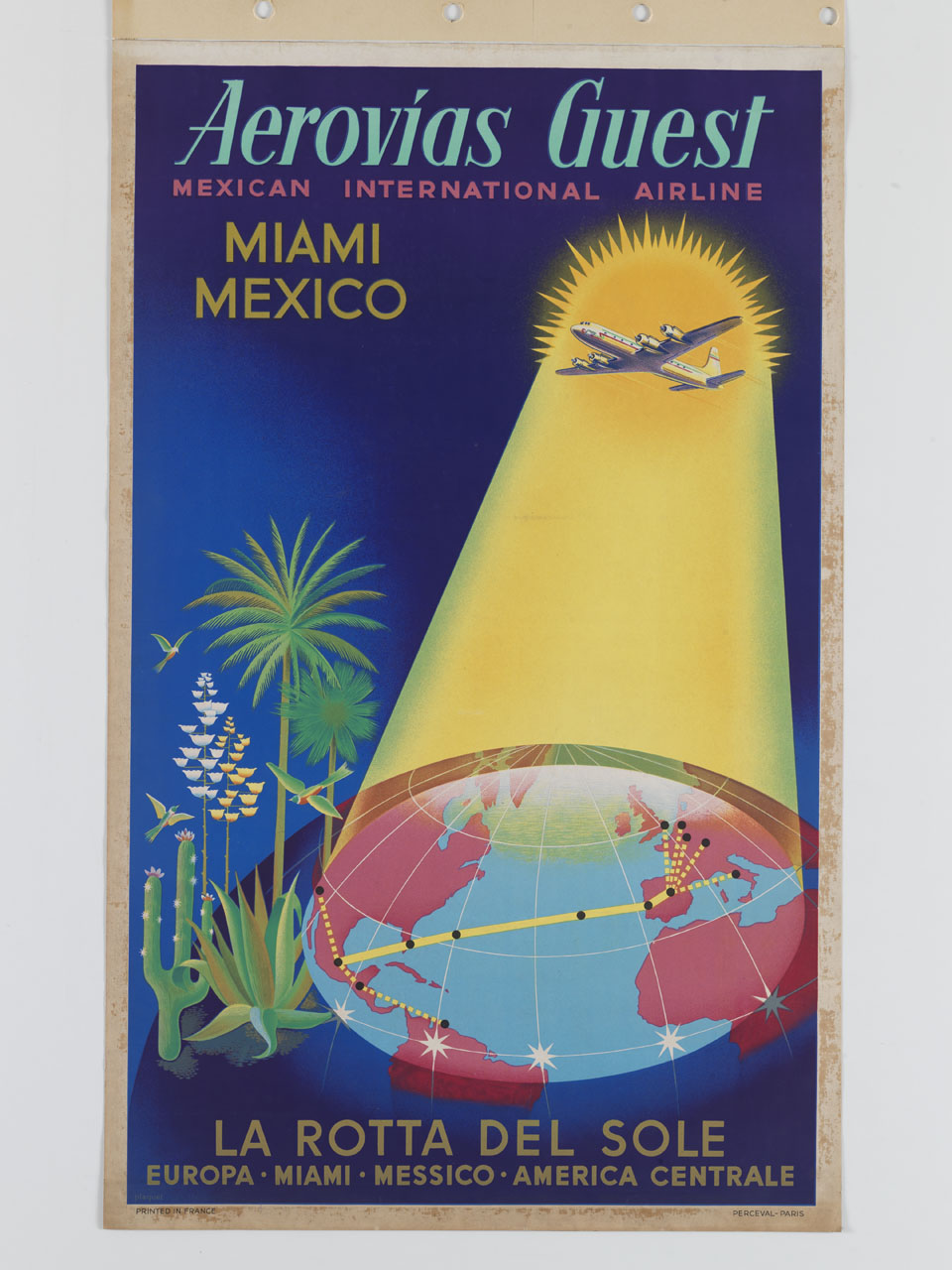 sole irradia luce su un aereo e su una porzione di globo terrestre (manifesto) di Plaquet - ambito francese (sec. XX)