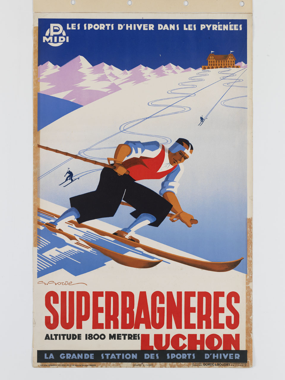 pista da sci con sciatore in primo piano (manifesto) di Gaston Gorde - ambito francese (sec. XX)
